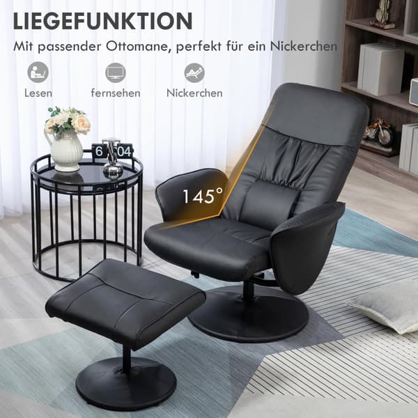 Avslapningsstol Med Krakk, Tv-Stol, Tv-Stol Med Liggefunksjon, Svingbar Polstret Stol For Stue, Soverom, Kunstskinn, Svart