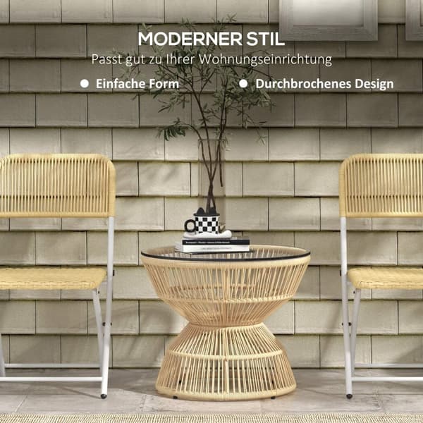 Rattan Sidebord, Ø60 Cm, Sofabord, Havebord Med Hærdet Glas Bordplade, Altanbord I Boho Design, Sofabord, Naturligt Træ