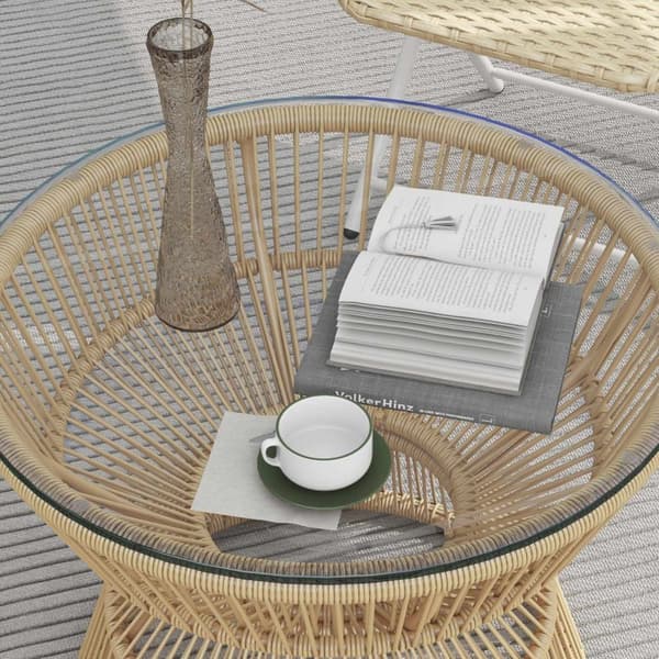 Rattan Sidebord, Ø60 Cm, Sofabord, Havebord Med Hærdet Glas Bordplade, Altanbord I Boho Design, Sofabord, Naturligt Træ