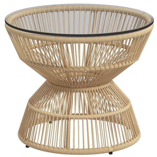 Rattan Sidebord, Ø60 Cm, Sofabord, Havebord Med Hærdet Glas Bordplade, Altanbord I Boho Design, Sofabord, Naturligt Træ