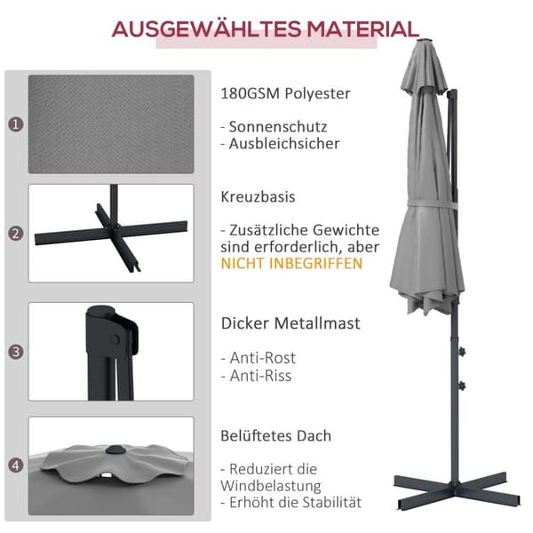 Cantilever Paraply Ca Ø3 M Parasoll Med Sveiv, Vippbar Markedsparaply, Roterende Hageparaply For Balkong, Terrasse, Metall, Mørkegrå.