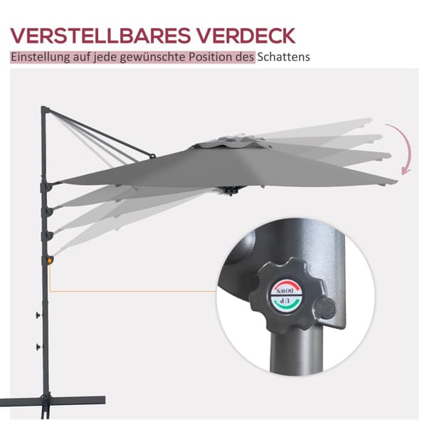 Cantilever Paraply Ca Ø3 M Parasoll Med Sveiv, Vippbar Markedsparaply, Roterende Hageparaply For Balkong, Terrasse, Metall, Mørkegrå.