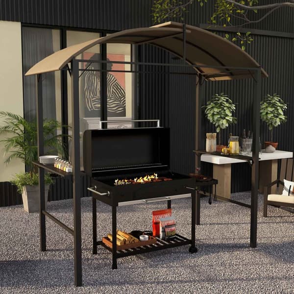 Bbq Grill Pavilion 1,1 X 2,3M Værbestandig Hagepaviljong Med Polyestertak, Sidehyller, For Griller Opptil 100 Cm, Stål, Kaki