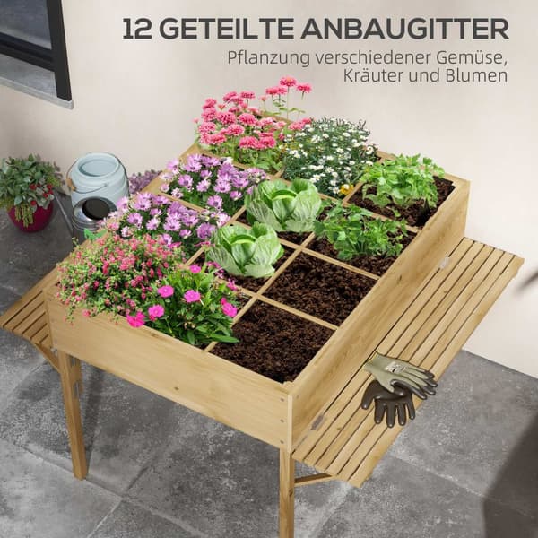Højbed I Træ, Sammenklappelig Kold Ramme Med 12 Skillevægge, Urtebed, Plantekasse, Blomsterkasse Med Fiberdug 122 X 91,5 X 89 Cm, Natur