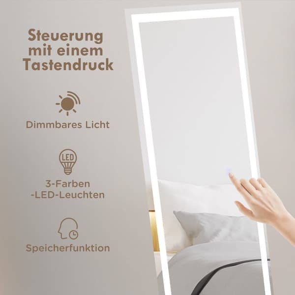 Fullängdsspegel 40X150Cm Stående Och Väggspegel Led 3 Ljusfärger Pekströmbrytare Vit