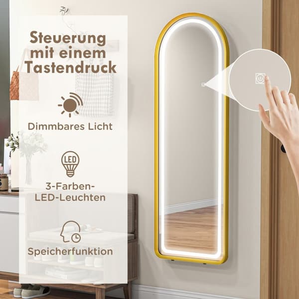 Täyspitkä Peili Led Valolla Seinäpeili, Seisomapeili, Himmennettävä, Vaatekaapin Peili Kosketuskytkimellä, Kulta, 47X146 Cm