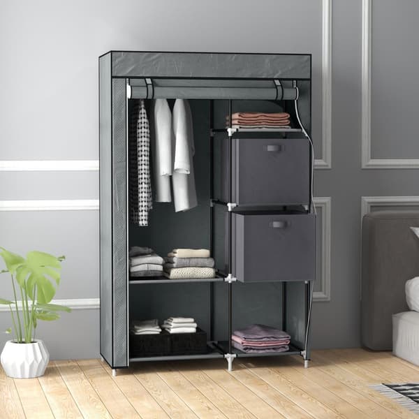 Stoffgarderobe, Sammenleggbar Skap Med Skuffer Og Klesstang, Glidelås, Garderobe, Fiberduk, Mørkegrå