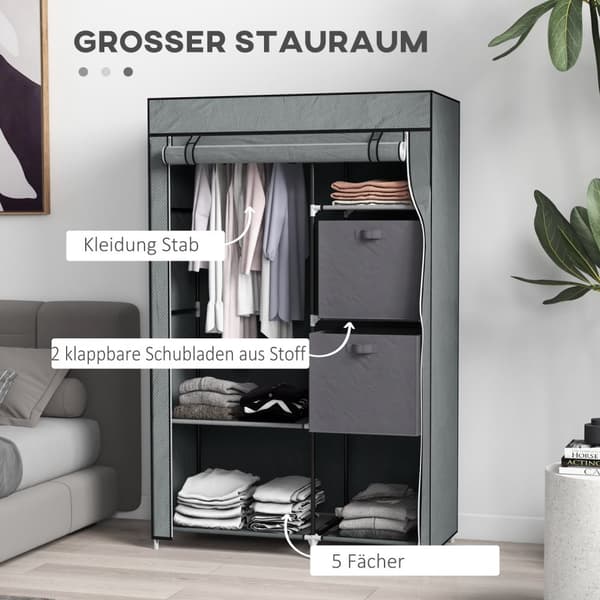 Stoffgarderobe, Sammenleggbar Skap Med Skuffer Og Klesstang, Glidelås, Garderobe, Fiberduk, Mørkegrå