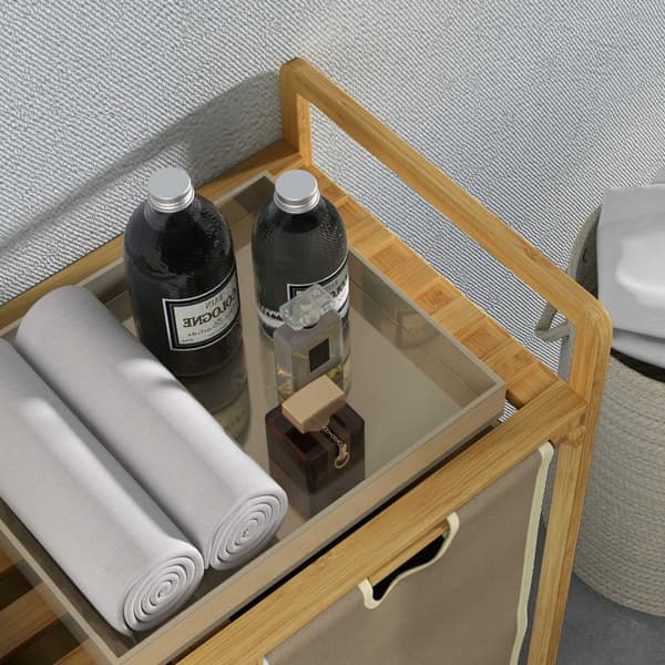 Laundry Basket Pyykkilaatikko, Jossa 2 Irrotettavat Pesulapussit Pesulavaijeri Kylpyhuoneeseen Bamboo Cream 63,5 X 33 X 73 Cm
