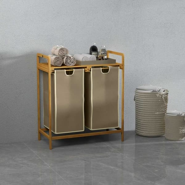 Laundry Basket Pyykkilaatikko, Jossa 2 Irrotettavat Pesulapussit Pesulavaijeri Kylpyhuoneeseen Bamboo Cream 63,5 X 33 X 73 Cm