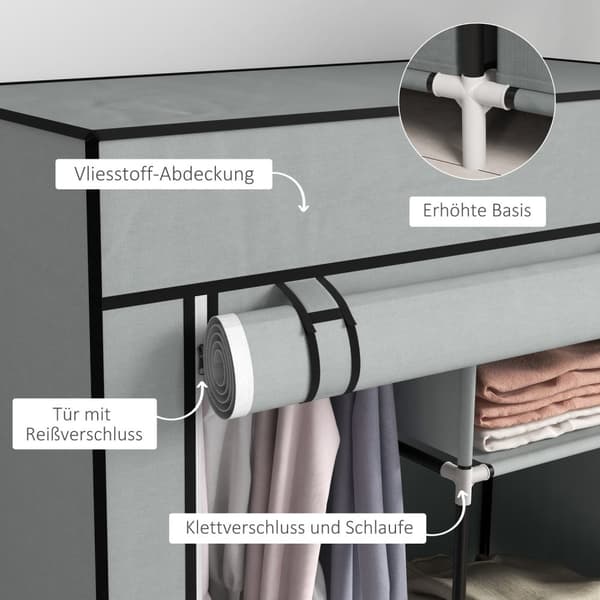 Stoffgarderobe, Plassbesparende Garderobe Med 5 Rom Og Klesstang, Glidelås, Sammenleggbar Garderobe, Lys Grå