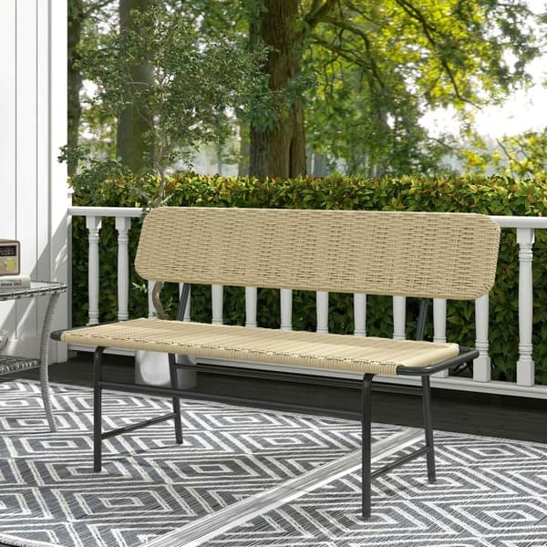 Polyrattan Bænk, 2-Personers Havebænk, Rattan Bænk Uden Armlæn, Balkon Bænk, Havemøbler, Kan Holde Op Til 250 Kg, Metal, Kaki