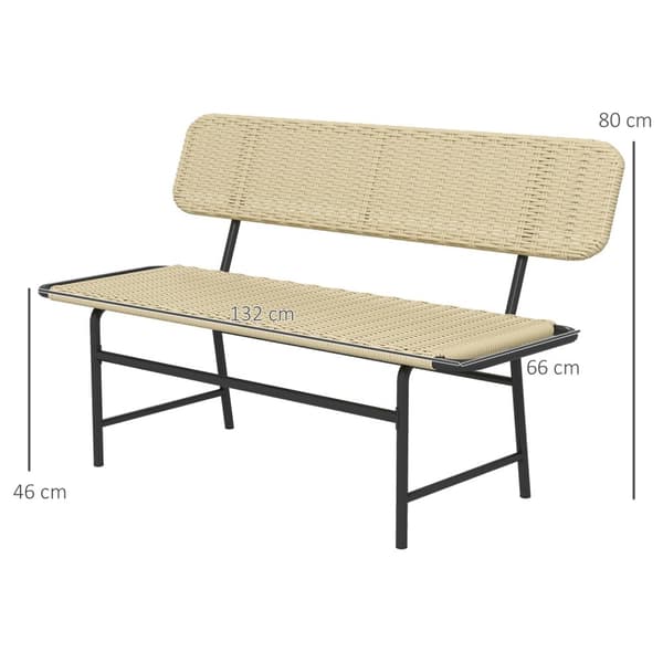 Polyrattan Bænk, 2-Personers Havebænk, Rattan Bænk Uden Armlæn, Balkon Bænk, Havemøbler, Kan Holde Op Til 250 Kg, Metal, Kaki