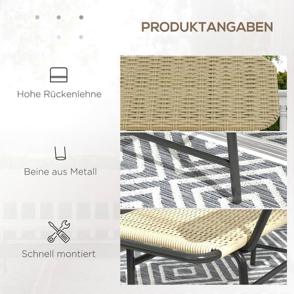Polyrattan Bænk, 2-Personers Havebænk, Rattan Bænk Uden Armlæn, Balkon Bænk, Havemøbler, Kan Holde Op Til 250 Kg, Metal, Kaki