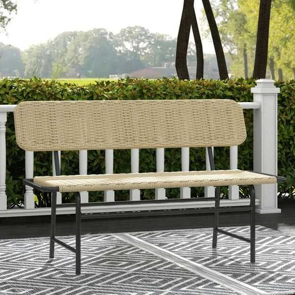 Polyrattan Bænk, 2-Personers Havebænk, Rattan Bænk Uden Armlæn, Balkon Bænk, Havemøbler, Kan Holde Op Til 250 Kg, Metal, Kaki