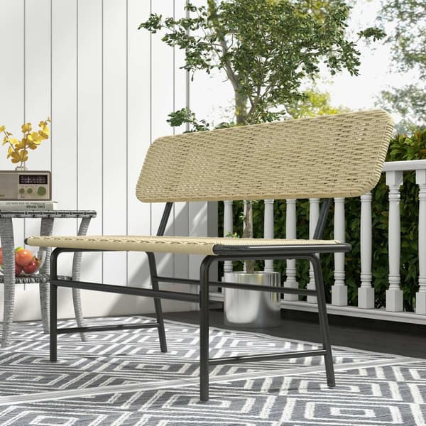 Polyrattan Bænk, 2-Personers Havebænk, Rattan Bænk Uden Armlæn, Balkon Bænk, Havemøbler, Kan Holde Op Til 250 Kg, Metal, Kaki