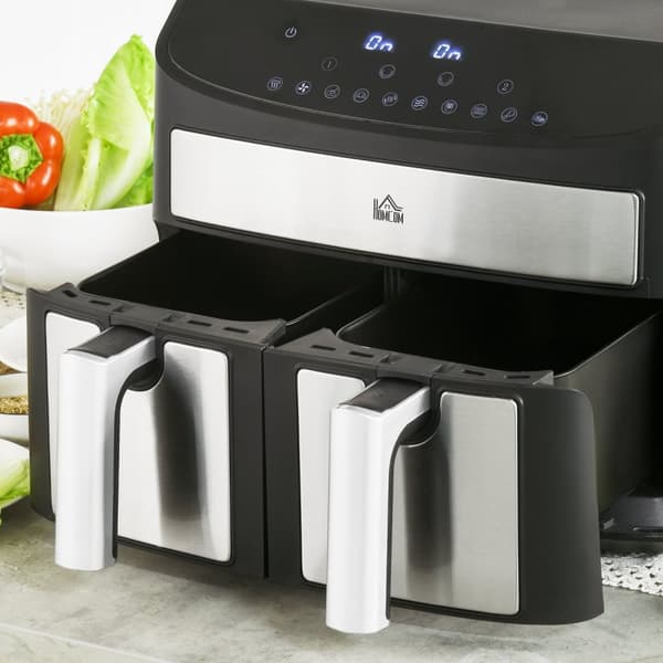 Kuumailmakeitin 8L Rasvakeitin Kaksikammiolla, Ilmakeitin 10 Ohjelmalla, 2400 W Ilmakeitin Kosketusnäytöllä, Resepti, Ilman Öljyä, Musta