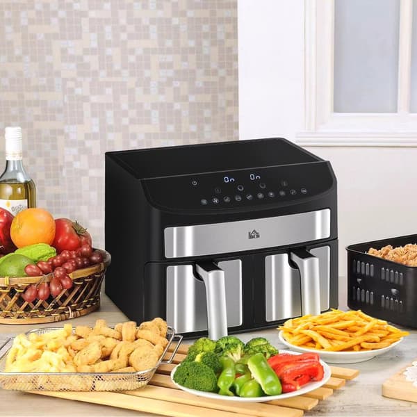 Kuumailmakeitin 8L Rasvakeitin Kaksikammiolla, Ilmakeitin 10 Ohjelmalla, 2400 W Ilmakeitin Kosketusnäytöllä, Resepti, Ilman Öljyä, Musta