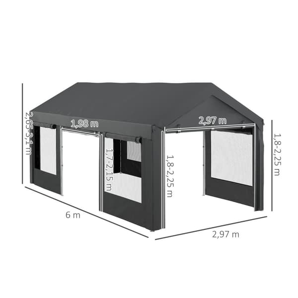 Autokatos, N. 6 X 3M Juhlateltta, Korkeussäädettävä Autotalli, Autokatos 4 Verkkoikkunalla, 4 Ovea, Autoille, Kuorma-Autoille, Teräs, Tummanharmaa.