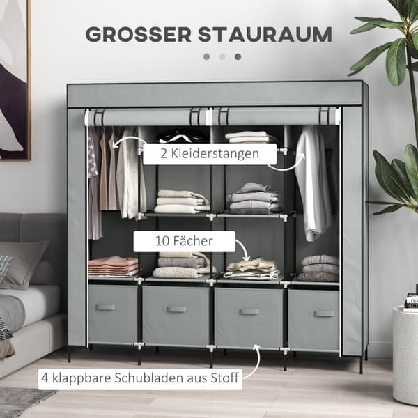Stof Garderobe Med Bøjlestang, 10 Rum, 4 Skuffer, Garderobe I Fleece Look, Mørkegrå
