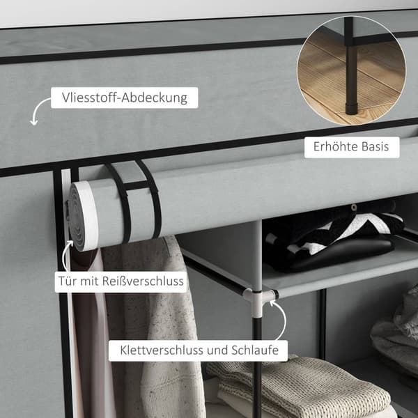 Stof Garderobe Med Bøjlestang, 10 Rum, 4 Skuffer, Garderobe I Fleece Look, Mørkegrå