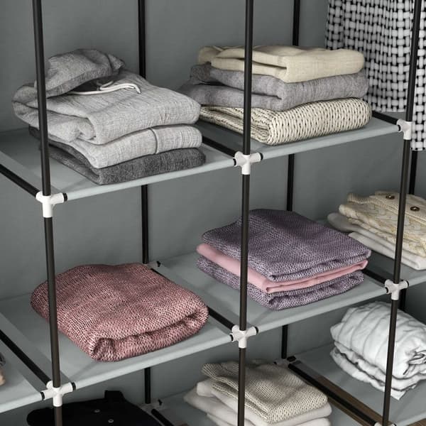Stof Garderobe Med Bøjlestang, 10 Rum, 4 Skuffer, Garderobe I Fleece Look, Mørkegrå