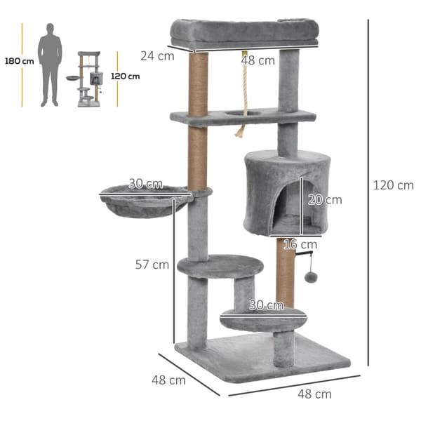 Kattekløestolpe 120Cm Med Kurv, Kattehule, Lekeball, Innendørs Klatretårn, Jutestamme, Lys Grå, Opptil 5 Kg