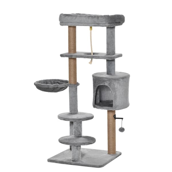 Kattekløestolpe 120Cm Med Kurv, Kattehule, Lekeball, Innendørs Klatretårn, Jutestamme, Lys Grå, Opptil 5 Kg