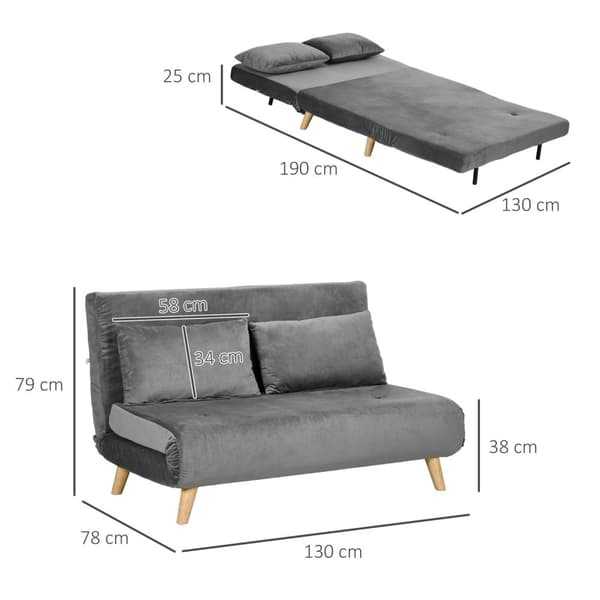 Sovesofa 2-Seters Sofa Med Sengefunksjon, Sammenleggbar Sofa Med Justerbar Rygg, Puter, Sovesofa Med Fløyelslook, Grå, 130 X 78 X 79Cm