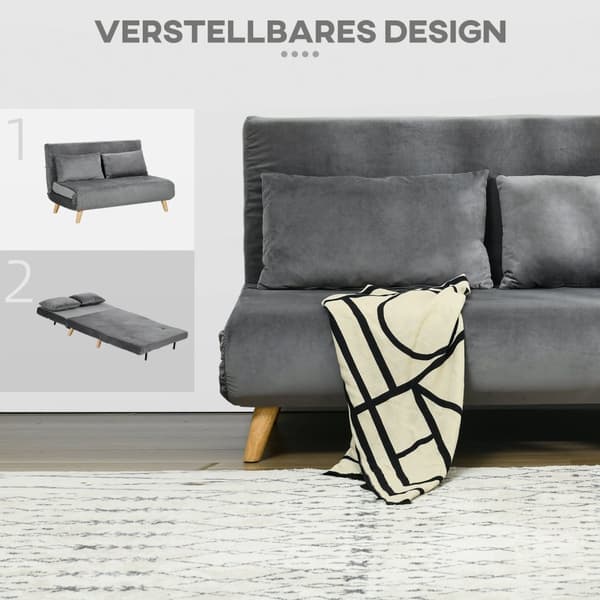 Sovesofa 2-Seters Sofa Med Sengefunksjon, Sammenleggbar Sofa Med Justerbar Rygg, Puter, Sovesofa Med Fløyelslook, Grå, 130 X 78 X 79Cm