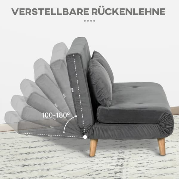 Sovesofa 2-Seters Sofa Med Sengefunksjon, Sammenleggbar Sofa Med Justerbar Rygg, Puter, Sovesofa Med Fløyelslook, Grå, 130 X 78 X 79Cm