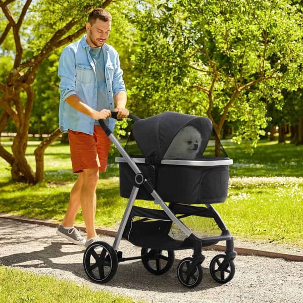 Hundeklapvogn, 3 I 1 Hundeklapvogn, Autostol, Transporttaske, Katteklapvogn Med Pude Op Til 15 Kg, Foldbar Med Bremser, Netvindue, Sikkerhedsliner