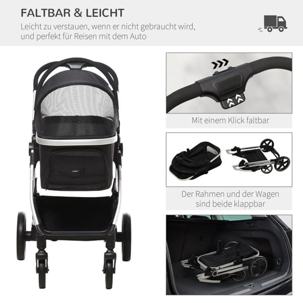 Hundeklapvogn, 3 I 1 Hundeklapvogn, Autostol, Transporttaske, Katteklapvogn Med Pude Op Til 15 Kg, Foldbar Med Bremser, Netvindue, Sikkerhedsliner