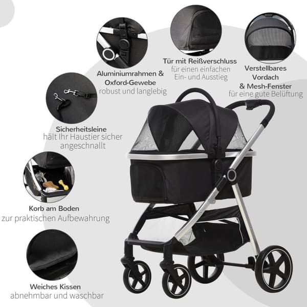 Hundeklapvogn, 3 I 1 Hundeklapvogn, Autostol, Transporttaske, Katteklapvogn Med Pude Op Til 15 Kg, Foldbar Med Bremser, Netvindue, Sikkerhedsliner