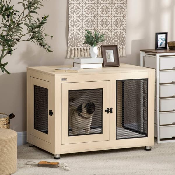 Hundebur Med Pude Alsidigt Kæledyrsbur & Kennel Med 2 Døre, Til Små Til Mellemstore Hunde, Eg, 94X60X71,5 Cm