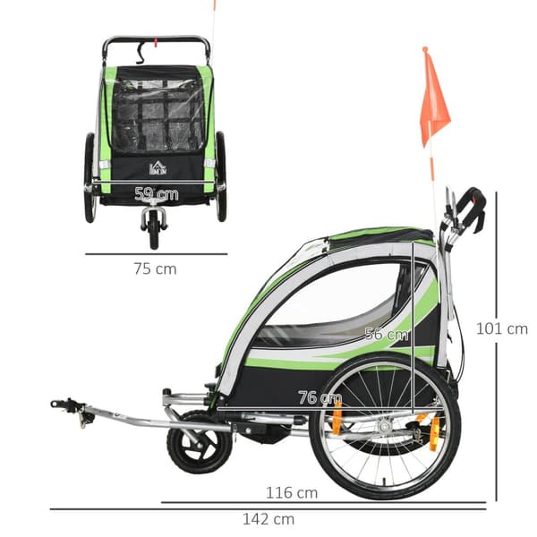 2 I 1 Barnvagn, Cykelvagn Med 5-Punkts Säkerhetsbälte, 360° Vridbar Med Flagga För Max Två Barn Från 1,5 År Och Uppåt