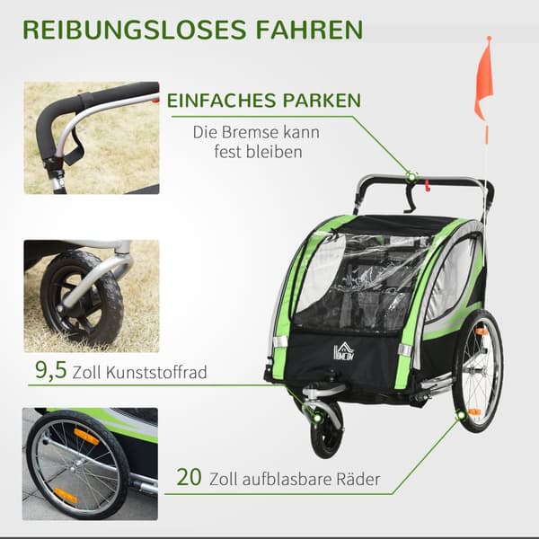 2 I 1 Barnvagn, Cykelvagn Med 5-Punkts Säkerhetsbälte, 360° Vridbar Med Flagga För Max Två Barn Från 1,5 År Och Uppåt