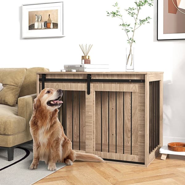 Hundebur Hundeboks Med Skydedør, Indendørs Hundehus Med Trælook, Lås, Til Store Hunde Op Til 30 Kg, 98 X 58 X 67 Cm, Valnød