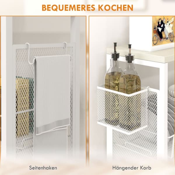 Køkkenvogn Serveringsvogn Med 3 Niveauer, Kurv, Bordplade, Kroge, Stål, 58X18,5X87 Cm, Hvid