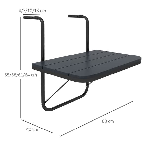 Balkongbord For Oppheng, Balkonghengebord Sammenleggbart, 4-Veis Høydejusterbart, Hengebord Kan Holde Opptil 25 Kg, Aluminium, 60 X 40 Cm, Svart