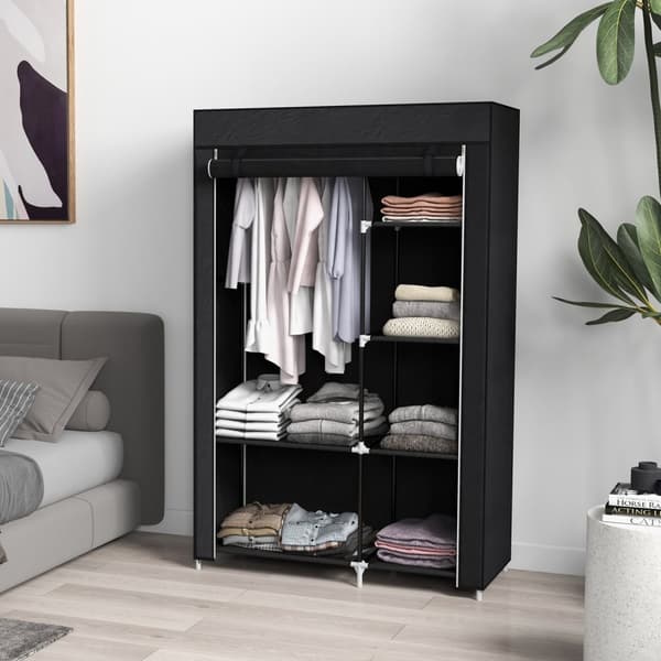 Stoffgarderobe 6 Rom Sammenleggbar Fleece-Look Svart 103X43X162,5Cm