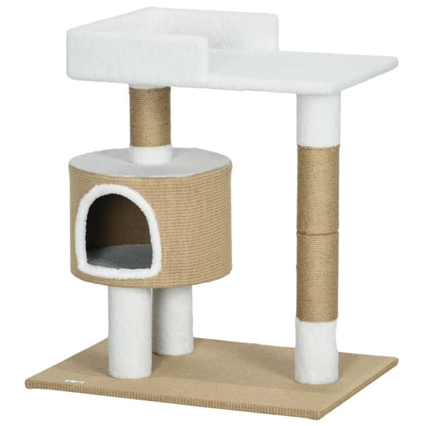 Skrapestolpe 79 Cm Lite Kattetre Med Kattehule Og Liggeområde, For Katter Opp Til 8 Kg, Jute, Brun/Hvit
