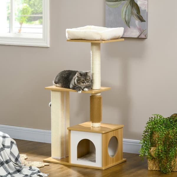 Kradsestolpe 114 Cm Multi-Tier Kattetræ Med Cat Cave & Tickle Column, Til Katte Op Til 5 Kg, Eg