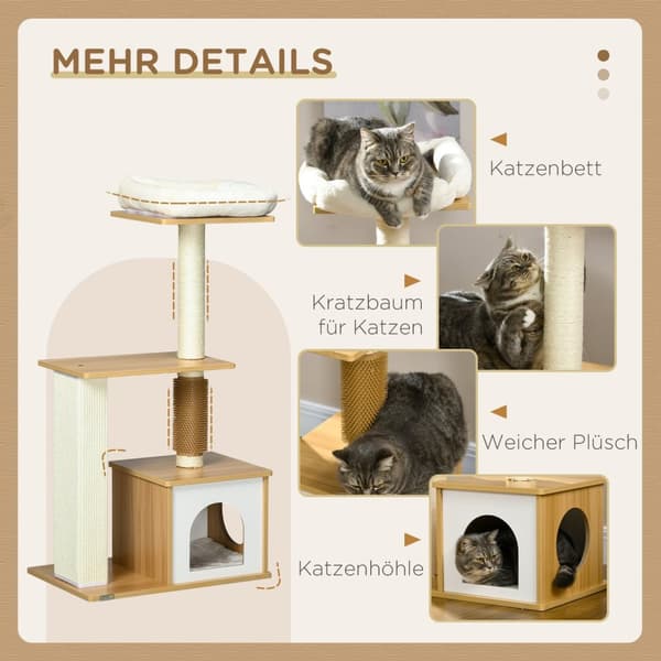 Kradsestolpe 114 Cm Multi-Tier Kattetræ Med Cat Cave & Tickle Column, Til Katte Op Til 5 Kg, Eg