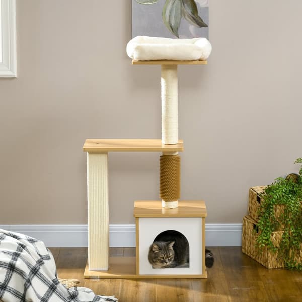 Kradsestolpe 114 Cm Multi-Tier Kattetræ Med Cat Cave & Tickle Column, Til Katte Op Til 5 Kg, Eg