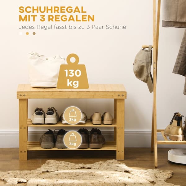 Skobenk, Skostativ Med 3 Nivåer, Bambusbenk, Garderobebenk For 6 Par Sko, Skooppbevaring, Naturlig, 70 X 28 X 45 Cm