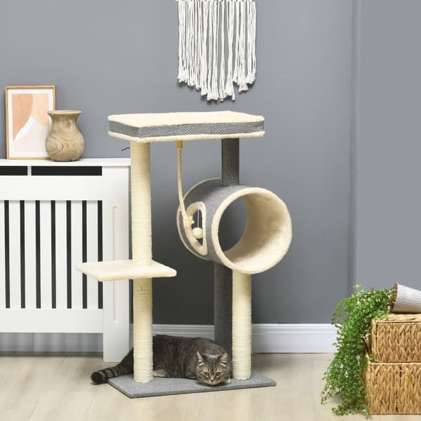 Kradsestolpe 104 Cm Med Legebold & 2 Liggeområder Kattetræ Til Katte Op Til 5 Kg, Sisal, Grå