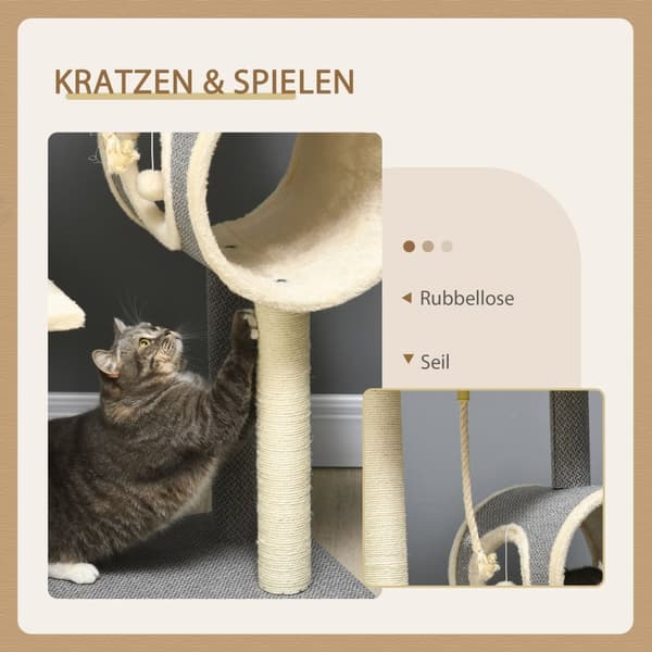 Kradsestolpe 104 Cm Med Legebold & 2 Liggeområder Kattetræ Til Katte Op Til 5 Kg, Sisal, Grå