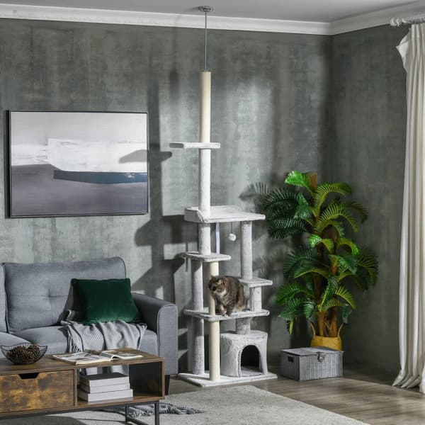 Kradsestolpe Loft Højt Kattetræ Med Legebold, Kattehule, Trapper, 225-255 Cm, Lysegrå