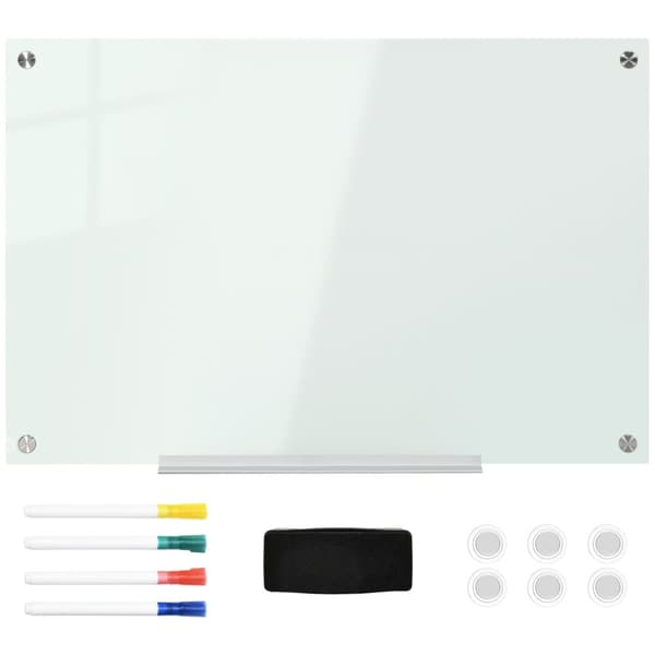 Whiteboard Magnettavle Med 4 Kuglepenne, 6 Magneter, 1 Svamp, Hylde, Staffeli Glastavle, Vægmontering, 90X60Cm